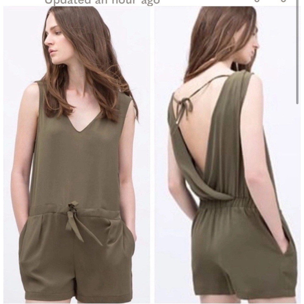 Zara XS/2 Olive Army Green Romper Playsuit Tie Waist/Back Drape V Sleeveless EUC